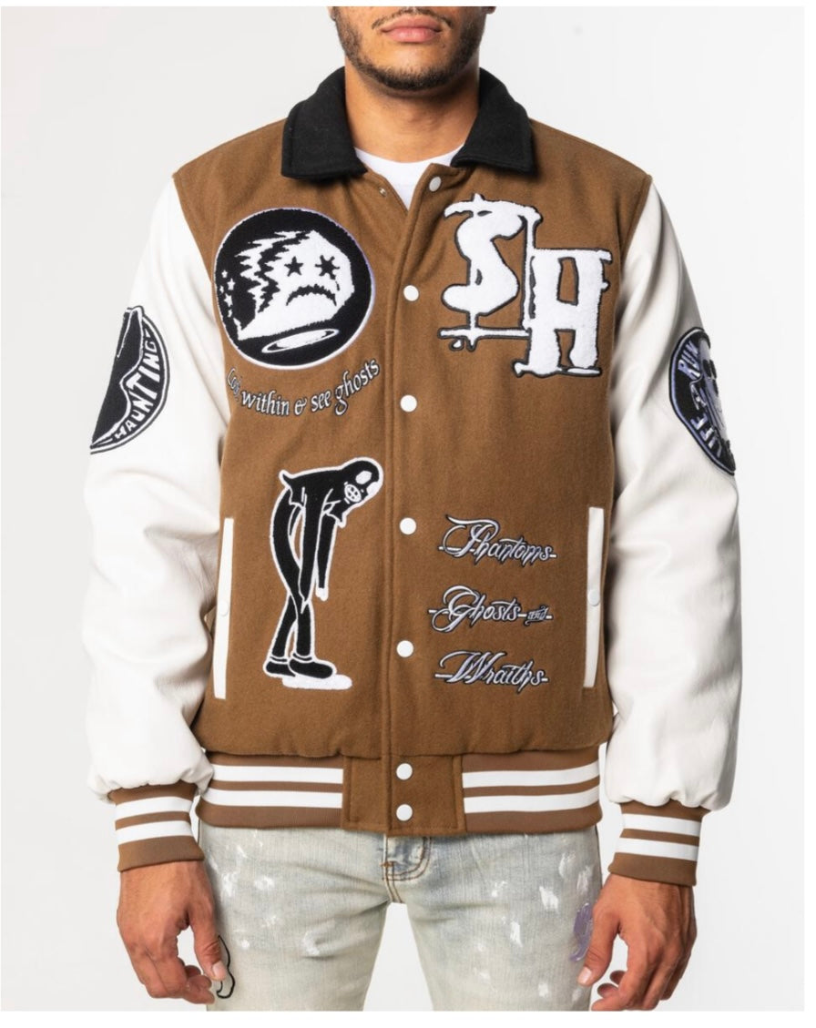 SUGAR HILL - GHOSTS LETTERMAN JACKET - BROWN