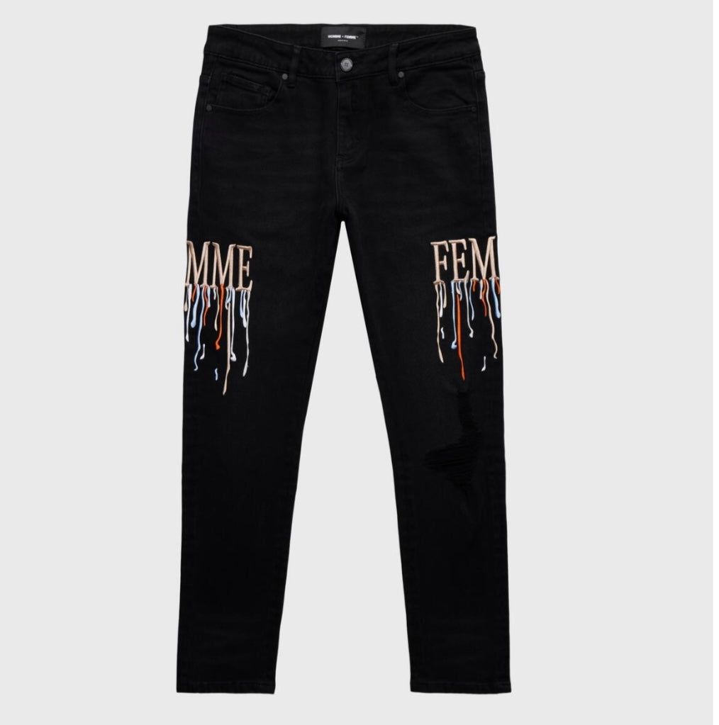 HOMME FEMME - Letterman Drip Denim Black with Brown Letters